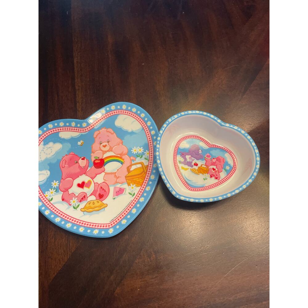 2004 Care Bears heart shaped plate and cereal bowl dish